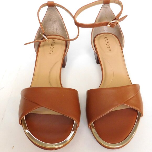Talbots Open Toe Block 1"  Heel Camel Leather Shoes Sandals Size 7 Ankle Strap - Picture 1 of 10